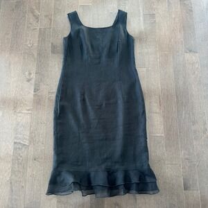 Vintage Karen Warren 100% Linen Midi Dress‎ Tiered Sheer Ruffle Hem Black 10